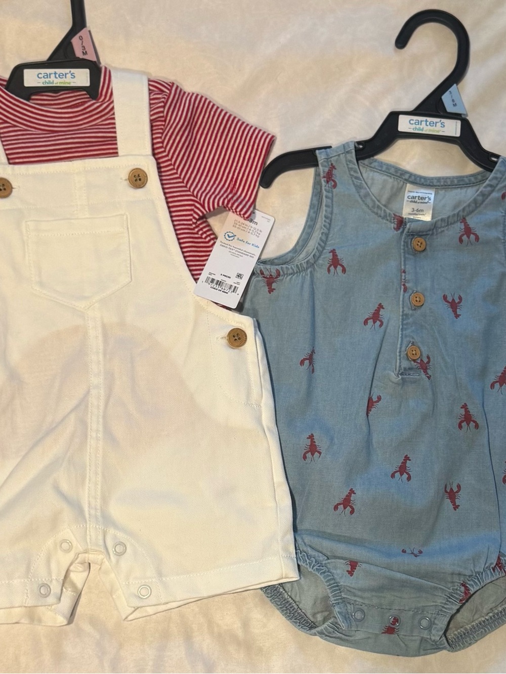 Carter's Red Stripe Tee with Cream Overalls & Blue Lobster Romper Set